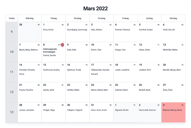 forhåndsvisning av kalenderen