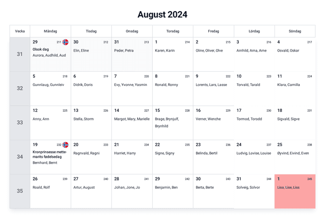 forhåndsvisning av kalenderen