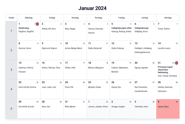 forhåndsvisning av kalenderen